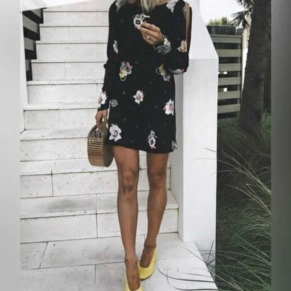 NWT FREE PEOPLE Black Floral Mini “Night Combo” Sunshadow Dress Size 4 - Picture 5 of 14